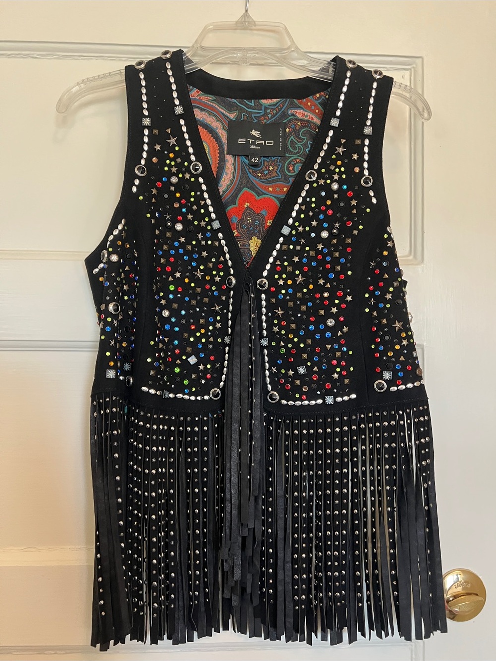 Etro Black Suede Fringe Vest with Multicolor Studs